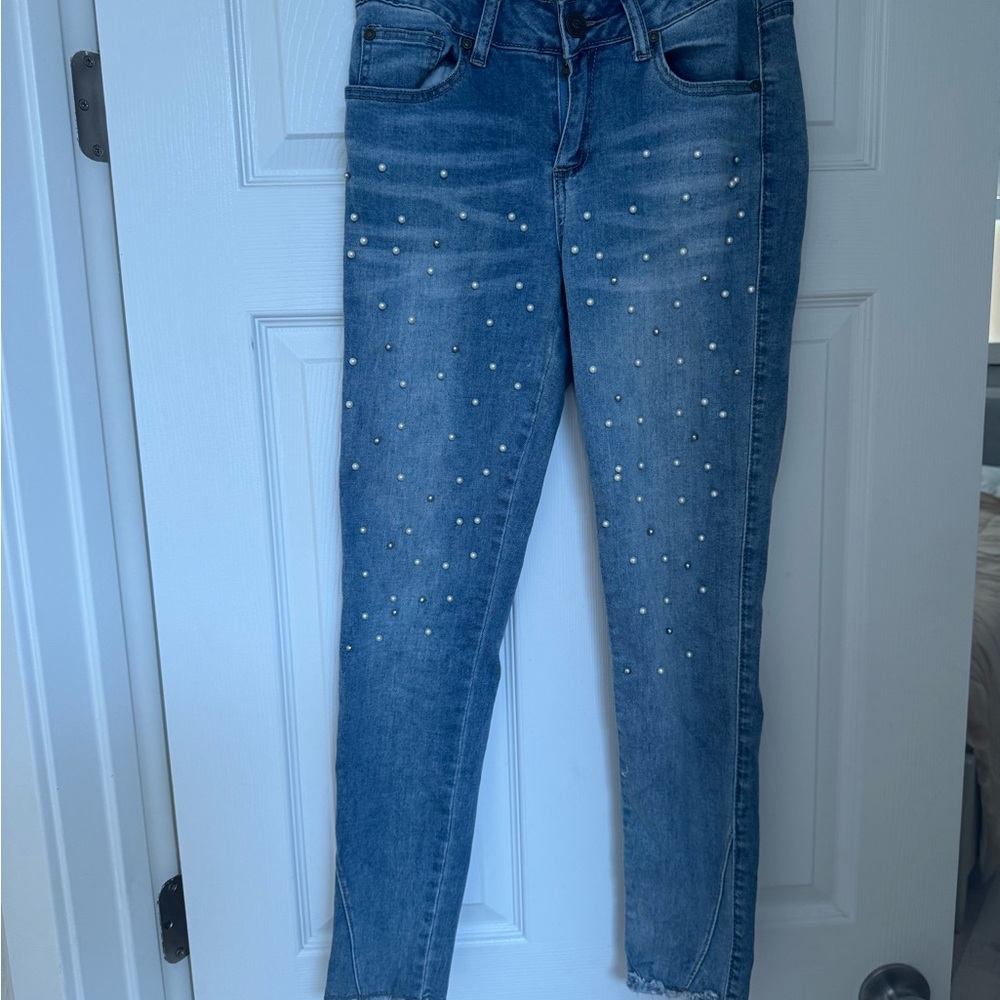 Blue Denim Women's Jeans with Pearl Accents
